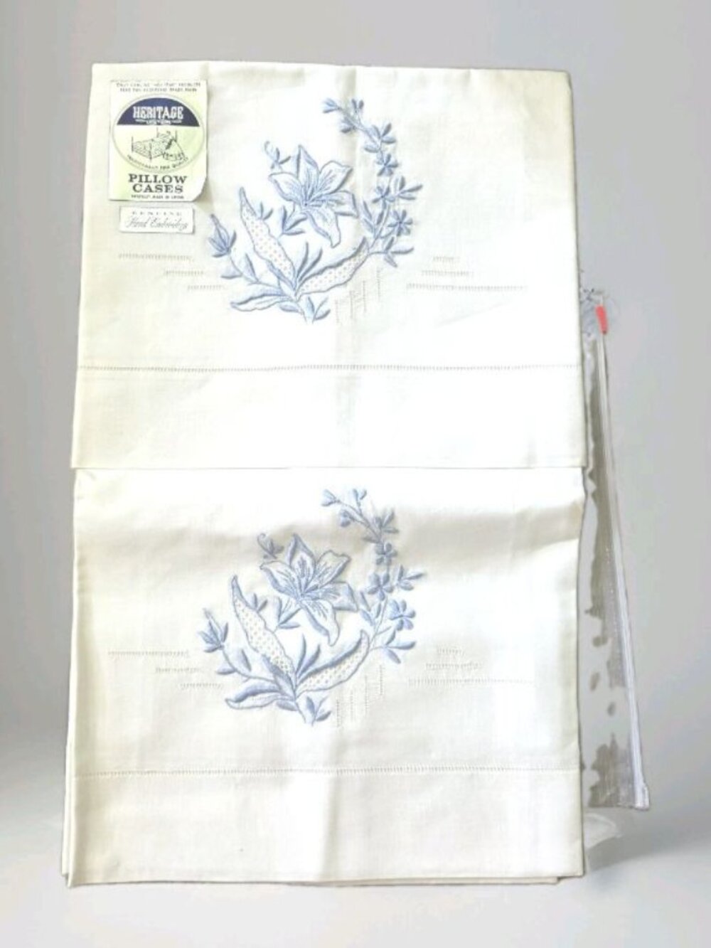 HERITAGE Standard Vintage Blue Hand Embroidered Cutwork Pillow Cases Pair
